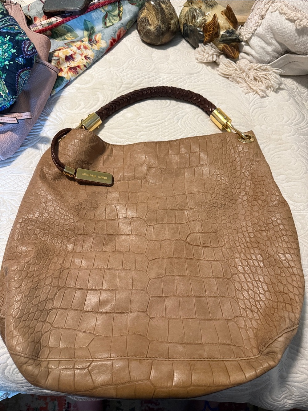 Michael Kors Beige Croc-Embossed Leather Hobo with Braided Handle